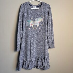 Laura Ashley Girls Unicorn Embroidered Long Sleeve Ruffle Dress Blue Size Large